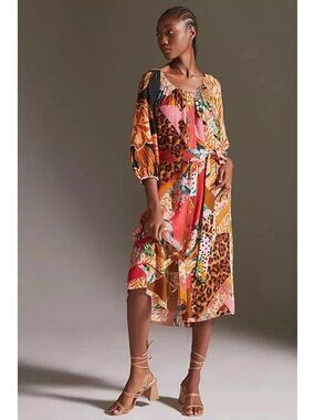 Geisha Designs Small Patchwork Midi Dress Multicolor Lyocell Blend Boho Chic